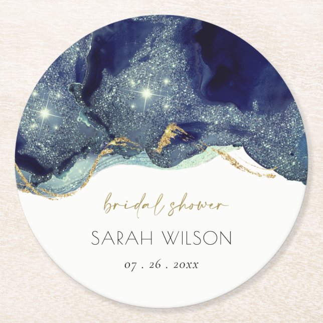 Fluid Abstrakt Ink Gold Navy Glitzer Brautparty Runder Pappuntersetzer (Vorderseite)