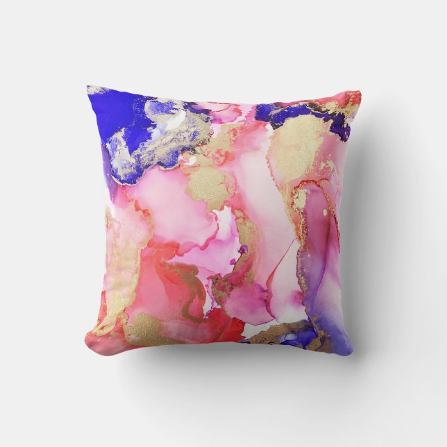 Fluid Art Abstrakt Pink Lila Gold Metallic Kissen (Vorderseite)