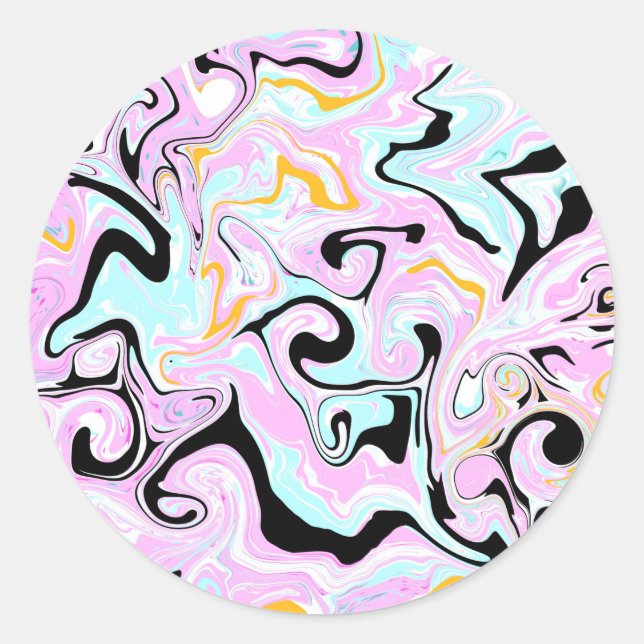 Fluid Art Cotton Candy Pink, Aquamarin, Schwarz un Runder Aufkleber (Vorderseite)
