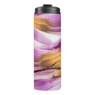 Fluid Art, lila goldmarmorierte Textur. Thermosbecher
