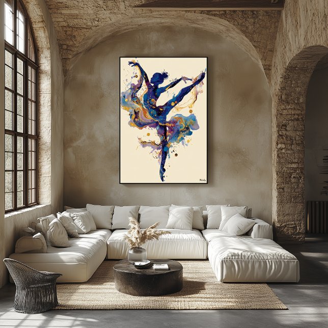 Fluid Ink Ballerina – Blue and Gold Abstract Dance Poster (Von Creator hochgeladen)