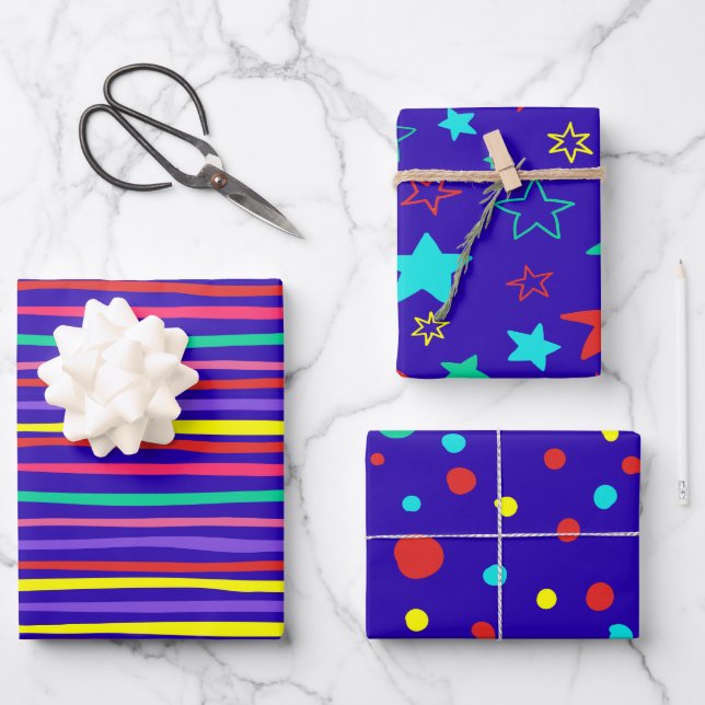 Fluor Bright Stars Streifen und Punkte Spaß Geschenkpapier Set (Vorderseite)