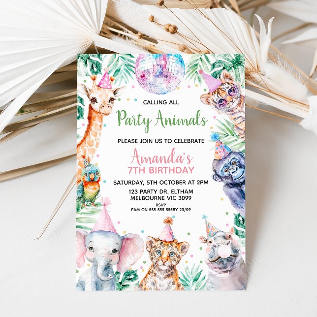Fluorescent Calling Party Animals Safari Geburtsta Einladung (Girls Calling All Party Animals Safari Birthday Invitation Template, Editable Safari Birthday Invite)
