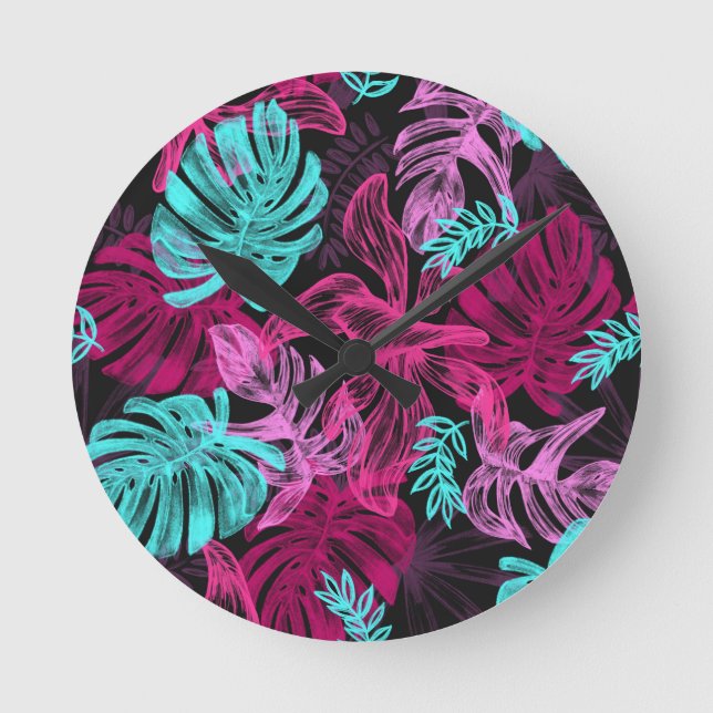 Fluoreszenz-tropische Blätter Runde Wanduhr (Vorderseite)