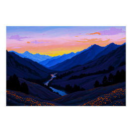 Fluss bei Berghügel am Sonnenuntergangs Abend Poster