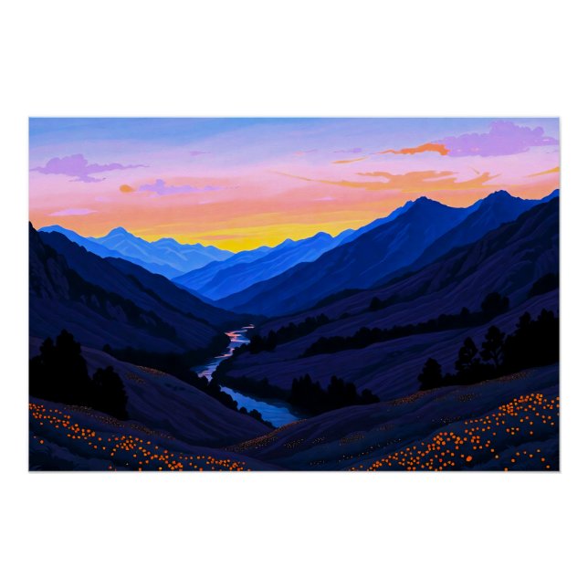 Fluss bei Berghügel am Sonnenuntergangs Abend Poster (Vorderseite)