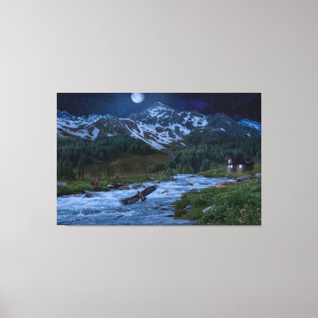 Fluss , Berg und ein Vogel im Schnee Nacht Leinwanddruck (Vorderseite)