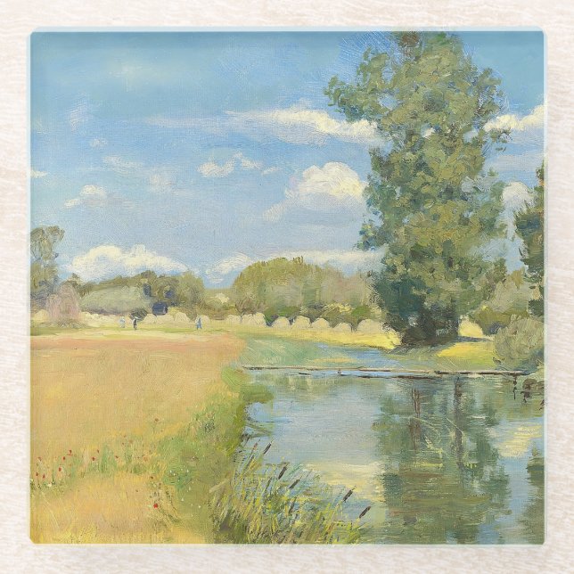 Fluss durch eine ernste Landschaft, Sommer Glasuntersetzer (Vorderseite)