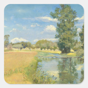 Fluss durch eine ernste Landschaft, Sommer Quadratischer Aufkleber