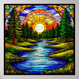 Fluss in einem Wald bei Sonnenuntergang Poster