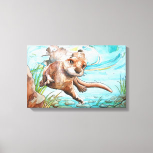 Fluss-Otter-Wasserfarbe-Malerei - Leinwand-Druck Leinwanddruck