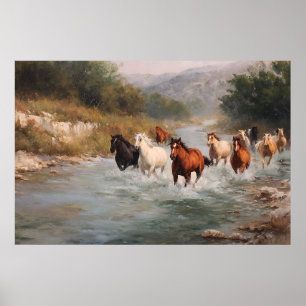 Fluss Run Galloping Pferde Art Poster