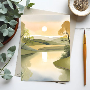Fluss Sonnenaufgang   Wasserfarbe Gelb Postkarte