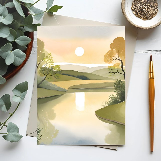 Fluss Sunrise | Aquarellgelb Postkarte (Von Creator hochgeladen)
