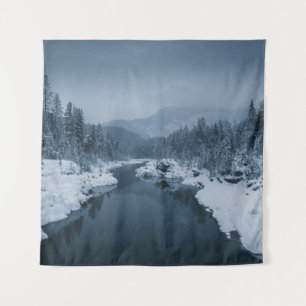 FLUSS UMGEBEN VON SCHNEEBEDECKTEM FELD MIT KIEFER WANDTEPPICH