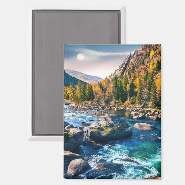 Fluss und Gebirge Landschaftliches Foto Magnet (Vorderseite/Rückseite)