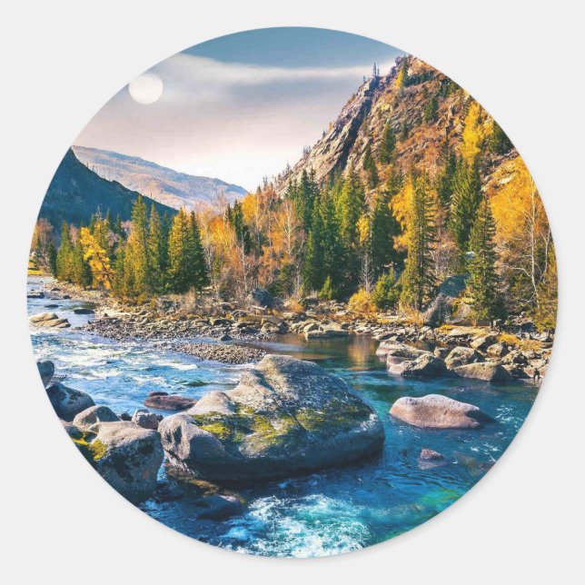 Fluss und Gebirge Landschaftliches Foto Runder Aufkleber (Vorderseite)
