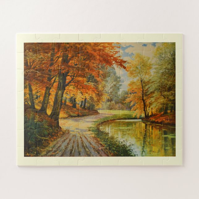 Fluss und Waldgebiet im Herbstpuzzle (Horizontal)