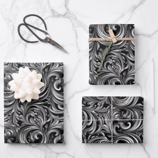 Flüssige Elegance - metallisches schwarzes Flüssig Geschenkpapier Set (Vorderseite)