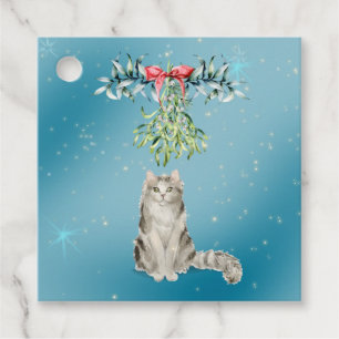 Flüssige graue und weiße Katze unter Mistletogramm Geschenkanhänger