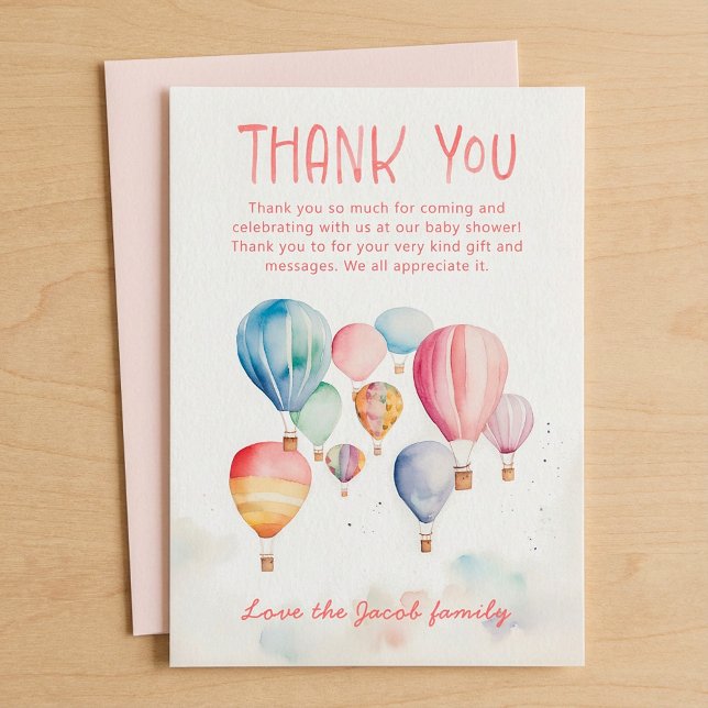 Flüssige Heißluftballons Babydusche danke (Flying hot air balloons baby shower thank you card.)