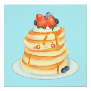 Flüssige Pfannkuchen mit Ahornsirup, Obst und Crem Poster