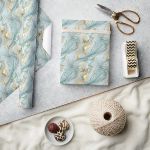Flüssiger Goldmarmor-Muster auf Weiß und Blassblau Geschenkpapier