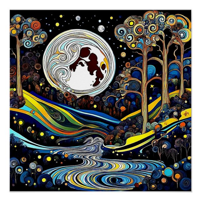 Flüssiger Mond über Landschaft Poster (Vorderseite)
