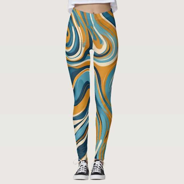 Flüssiger Swirl Ochre Blue Trippy Muster Leggings (Vorderseite)