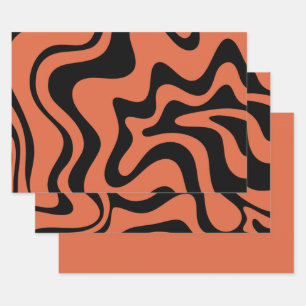 Flüssiger Swirl Retro Abstraktes Muster Schwarz O Geschenkpapier Set