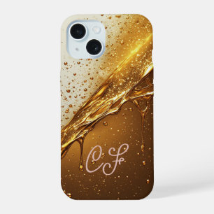 Flüssigkeit mit glitzernden Partikeln in Gold iPhone 15 Hülle
