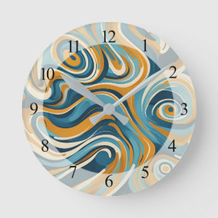 Flüssigkeitswirbel Ocker Blau Trippy-Muster Runde Wanduhr