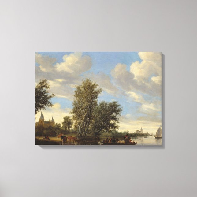 Flusslandschaft mit der Fähre, 1649 (Öl auf Leinwa Leinwanddruck (Vorderseite)