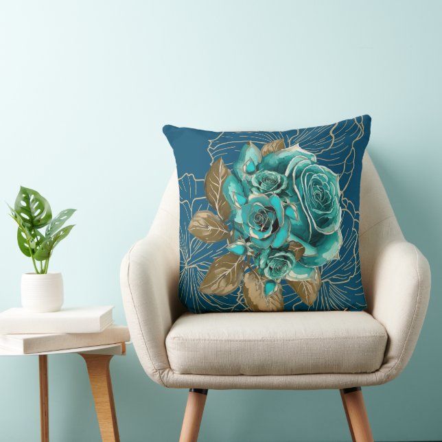 Flüstern der Elegance: Aquamarines und goldenes Ki Kissen (Stuhl )
