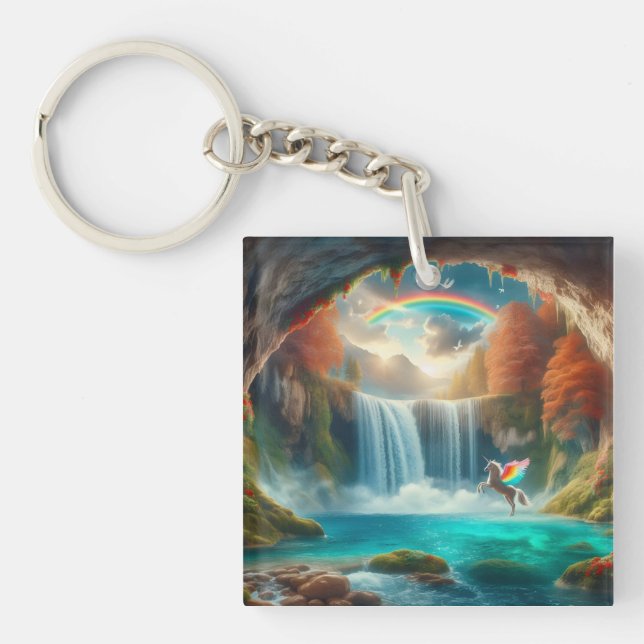 Flüstern der Fantasie: Unicorn's Kaskade im Herbst Schlüsselanhänger (Vorderseite)