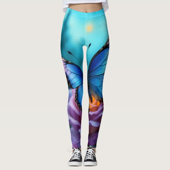 Flüstern der Garden Blue Butterfly & Mauve Rose Leggings (Vorderseite)