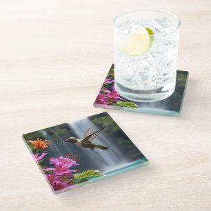 "Flüstern der Natur: Hummingbird, Wasserfall Glasuntersetzer