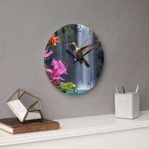 "Flüstern der Natur: Hummingbird, Wasserfall Große Wanduhr