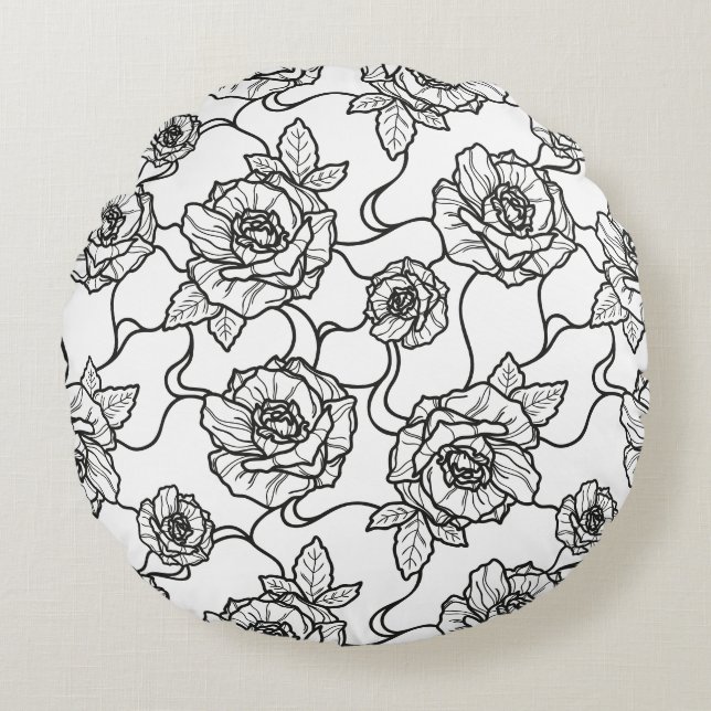 Flüstern der Rose, Elegante Linie Art Blumenmuster Rundes Kissen (Vorderseite)
