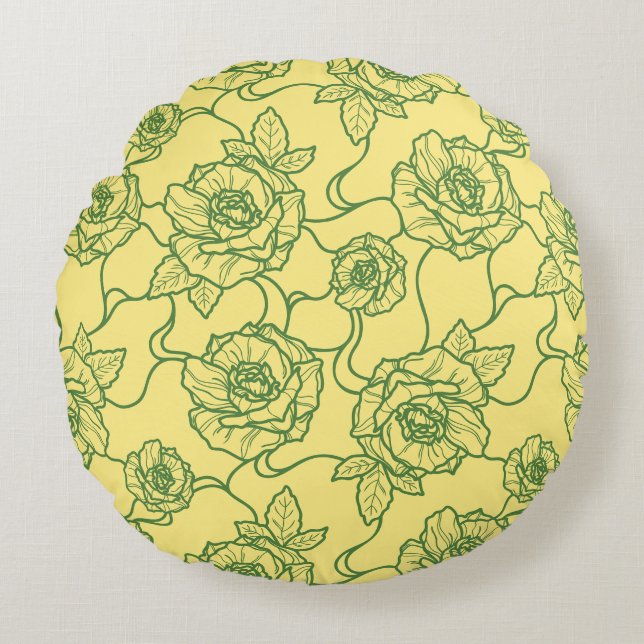 Flüstern der Rose, Elegante Linie Art Blumenmuster Rundes Kissen (Vorderseite)