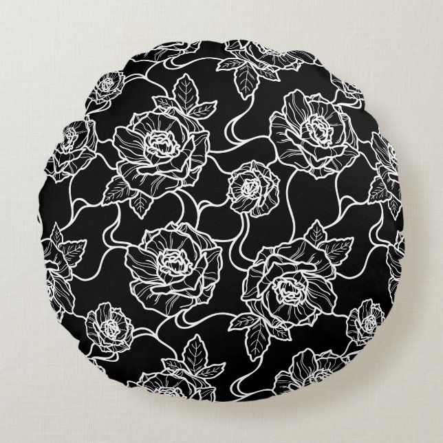 Flüstern der Rose, Elegante Linie Art Blumenmuster Rundes Kissen (Vorderseite)