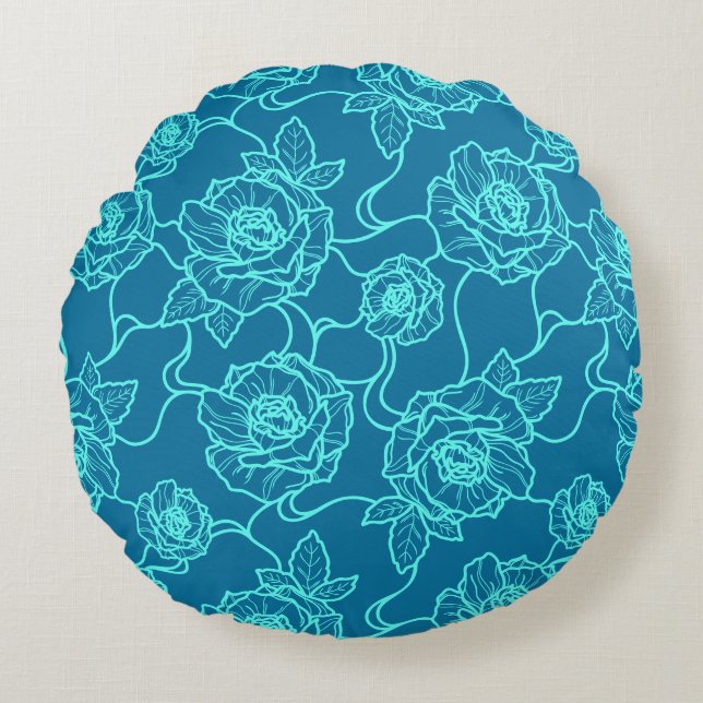 Flüstern der Rose, Elegante Linie Art Blumenmuster Rundes Kissen (Vorderseite)
