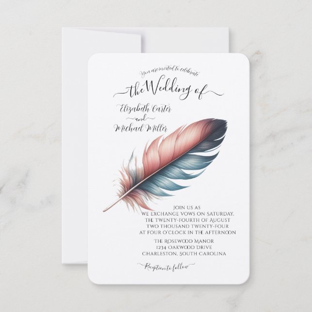 Flüstern von Grace Feathered Elegance Minimalismus Einladung (Vorderseite)