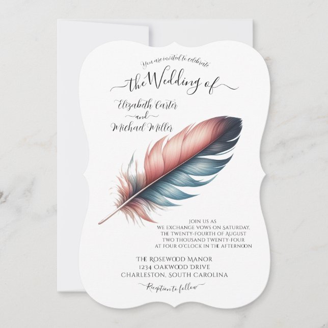 Flüstern von Grace Feathered Elegance Minimalismus Einladung (Vorderseite)