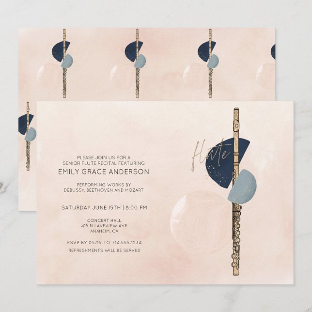 Flute Erwägung Abstrakt Blush Pink und Navy Blue G Einladung (Vorne/Hinten)