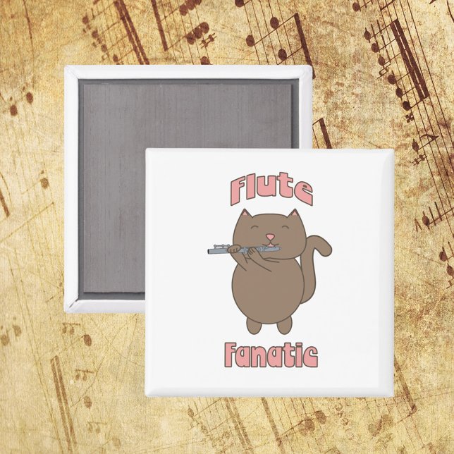 Flute Fanatic Cat Funny Magnet (A fun magnet that says flute fanatic in pink letters with a brown cat playing the flute!)