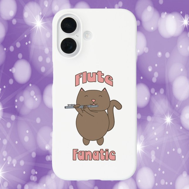 Flute Fanatic Cat Pink iPhone 16 Hülle (A cell phone case with a cat playing the flute and the words flute fanatic.)