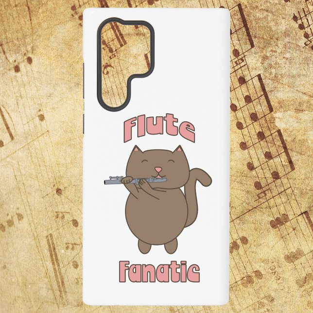 Flute Fanatic Funny Cat Samsung Galaxy Hülle (A phone case that says flute fanatic with a cat playing the flute.)