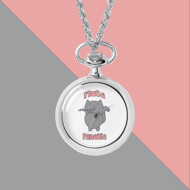 Flute Fanatic Gray Cat Funny Armbanduhr (A watch necklace with a cute gray cat and the text flute fanatic in pink.)