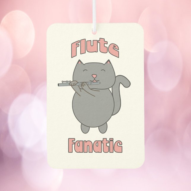 Flute Fanatic Gray Cat Pink Autolufterfrischer (An air freshener featuring a gray cat playing the flute with the words flute fanatic in pink.)
